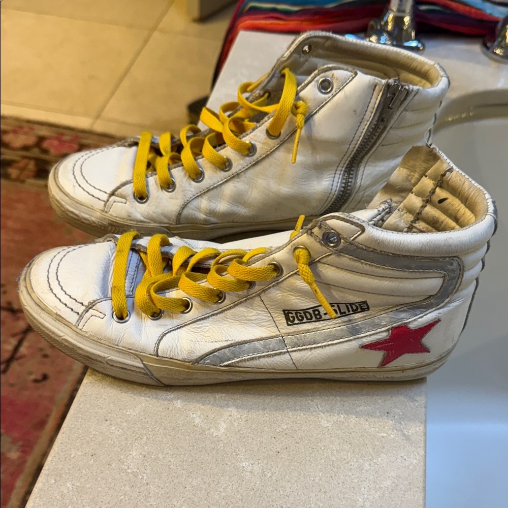 Golden Goose White High-Tops with Yellow Laces and Red Star